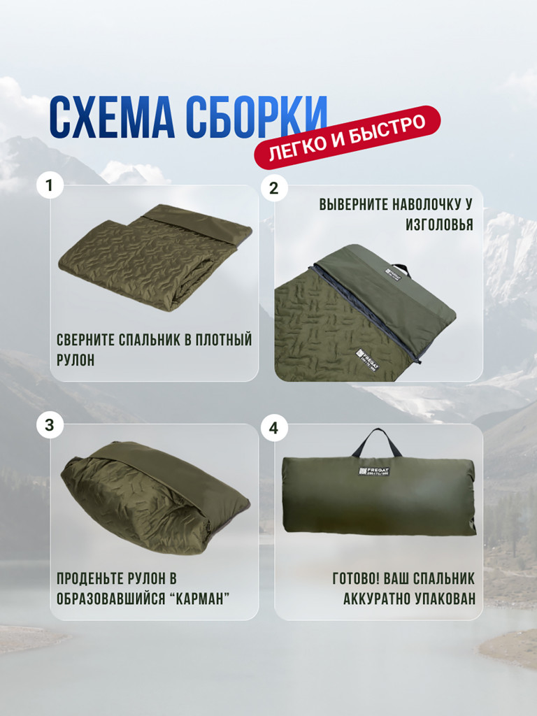 Спальный мешок Фрегат туристический с капюшоном 85 см х 230 см, зеленый (300 г/м2)