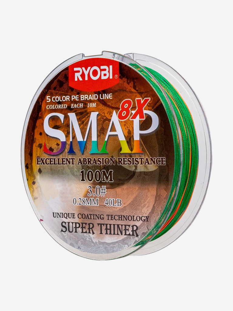Шнур плетеный для рыбалки Ryobi SMAP PE8X, 100м, 0,285мм, 18кг, мультиколор