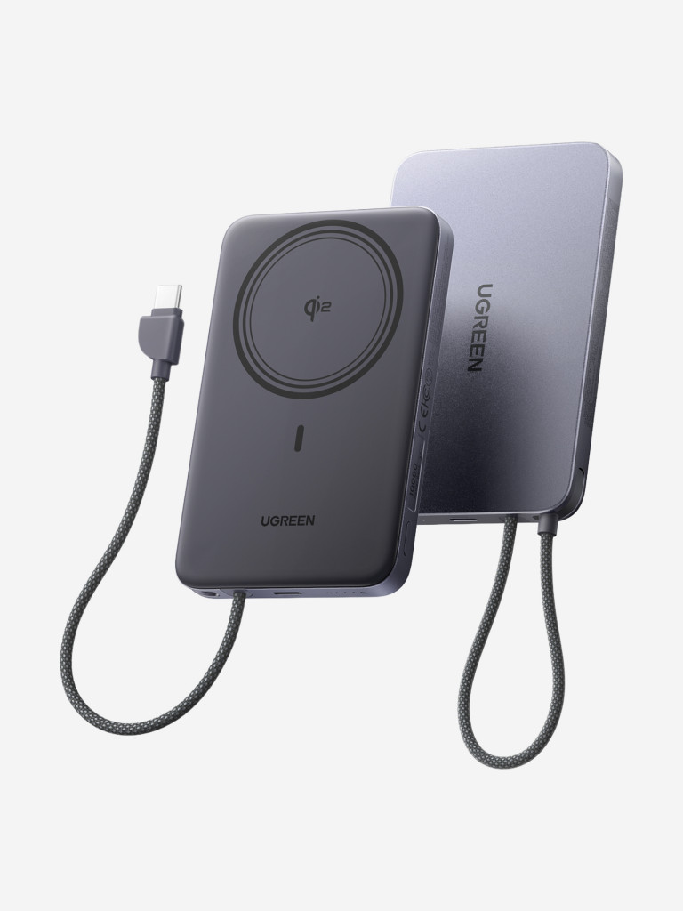 Внешний аккумулятор UGREEN PB570 (75982B) MagFlow Air Ultra-Slim 30W Magnetic 10000mAh Wireless Power Bank USB-C Cable. Цвет: серый космос