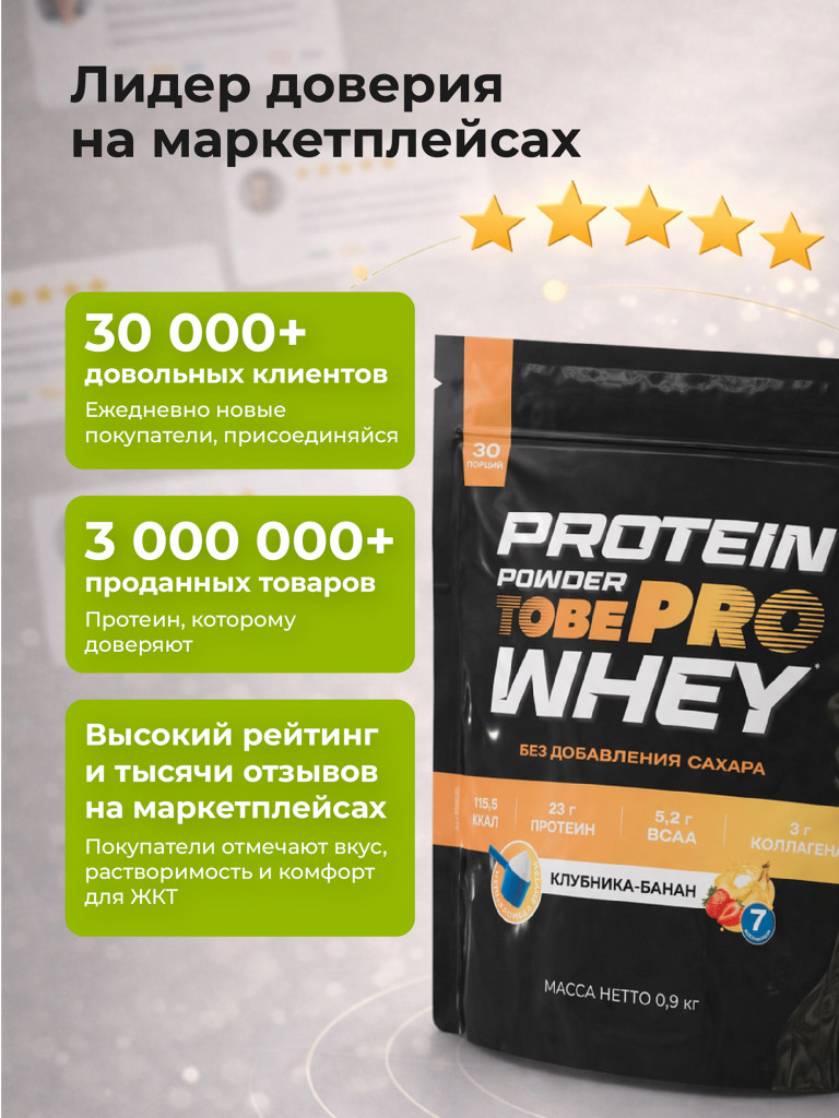 Протеин сывороточный без сахара TobePRO Whey Protein с коллагеном Клубника-банан, 900 г/30 порций