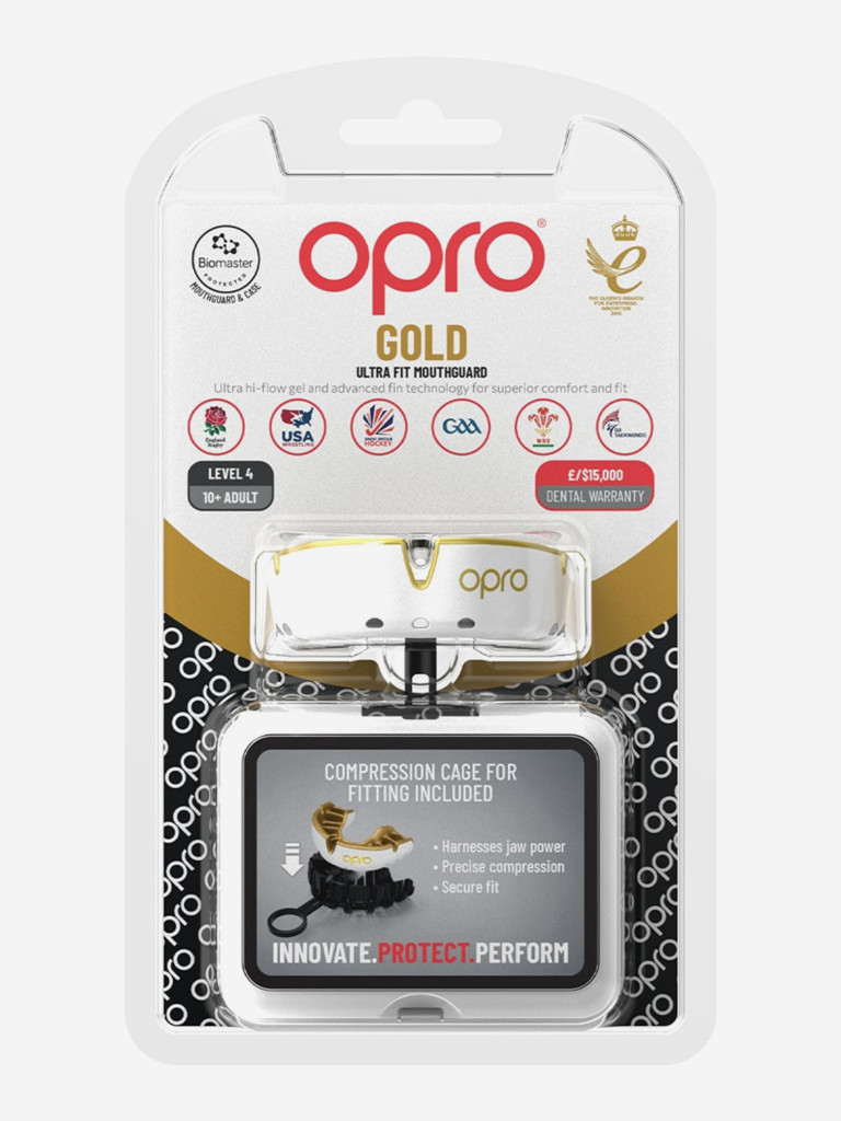 Боксерская капа взрослая, спортивная, защитная для зубов OPRO Self-Fit Gold - White/Gold
