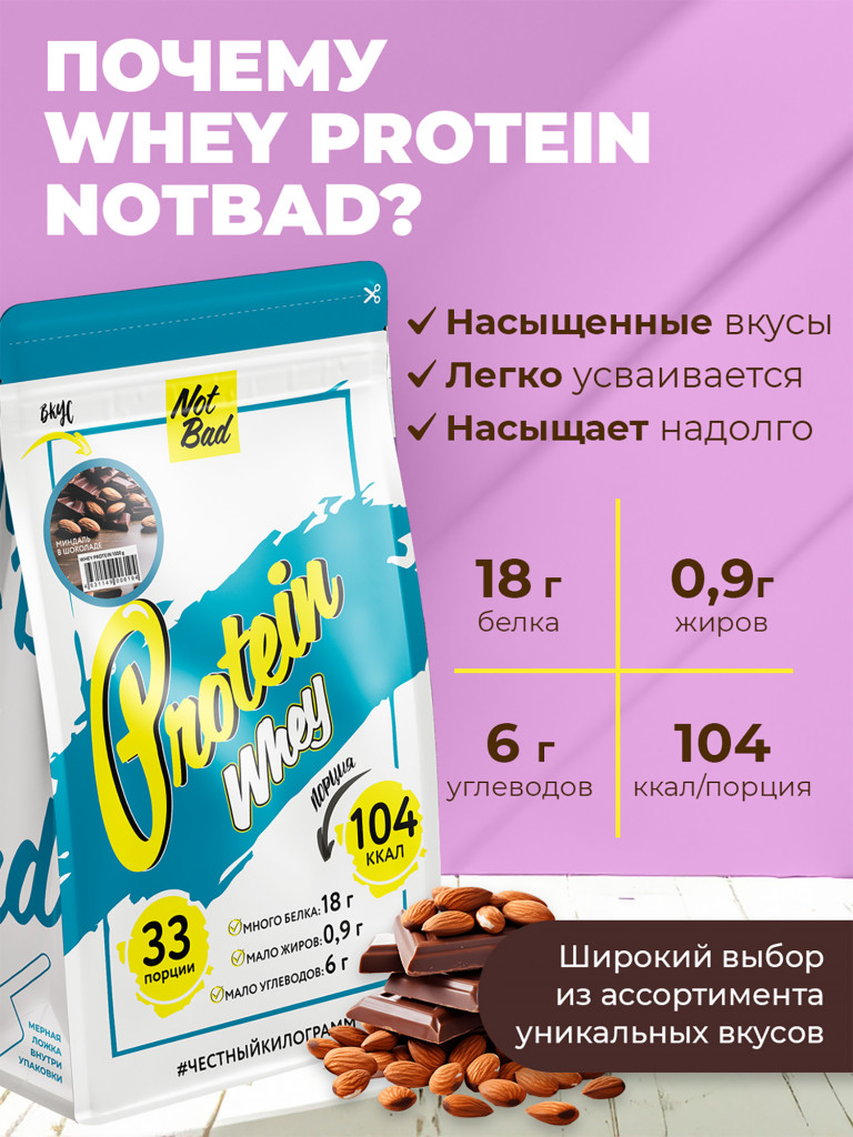 Протеин сывороточный, NotBad Whey Protein, 1000 г, Миндаль в шоколаде