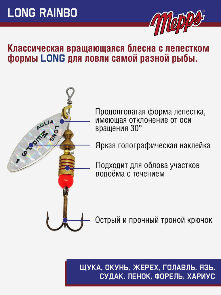 Блесна вращающаяся для рыбалки Mepps LONG RAINBO на щуку, окуня