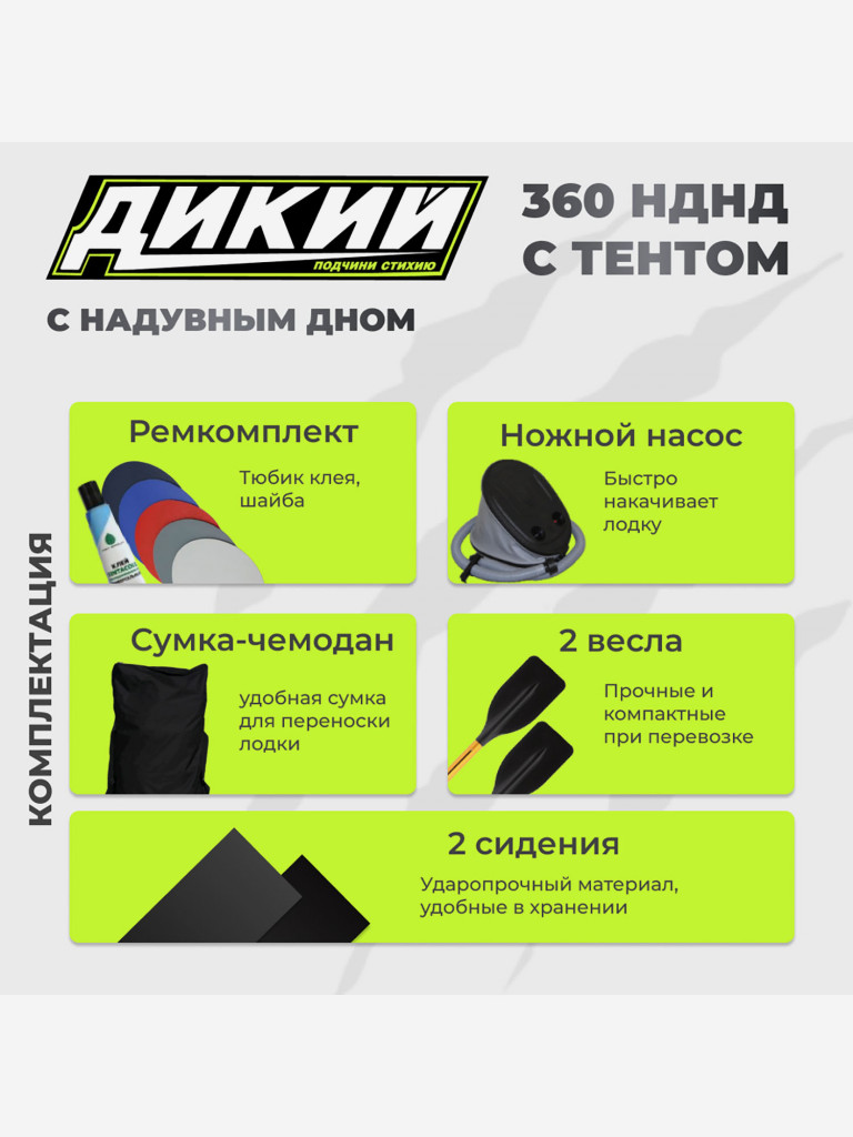 Лодка ПВХ ДИКИЙ 360 НДНД с тентом серая