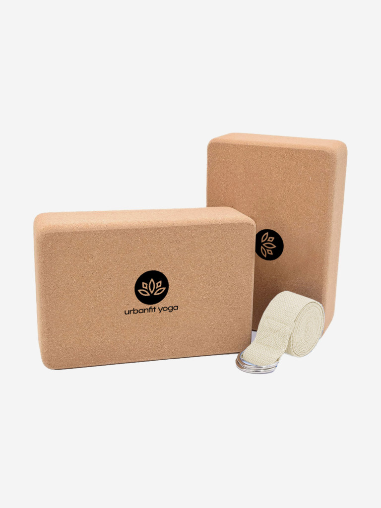 Блок для йоги Пробковый Urbanfit (2 шт) в комплекте с тренировочным ремнем