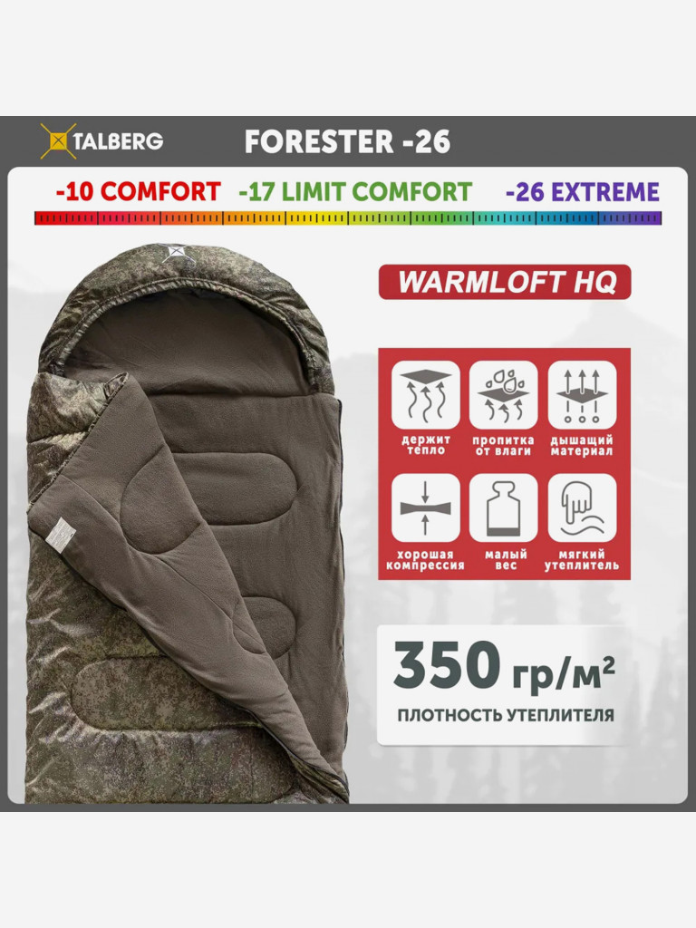 Спальный мешок туристический зимний Talberg FORESTER -26 С, цифра, правая молния