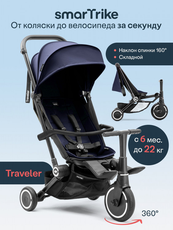 Велосипед детский трехколесный с ручкой SmarTrike Traveler Midnight Blue