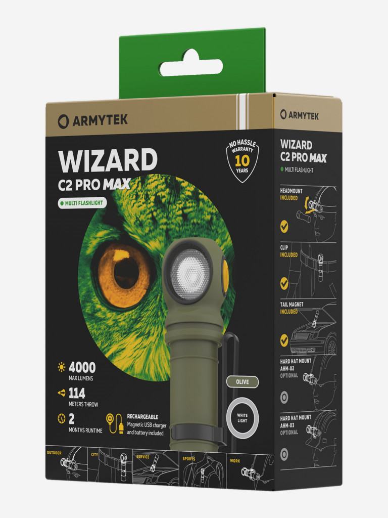 Lampe Frontale Armytek Armytek Wizard C2 Pro Max Lampe Frontale - 4000 Lumens - USB Magnétique - Blanc Froid - Olive éclairage 4000 Lumens