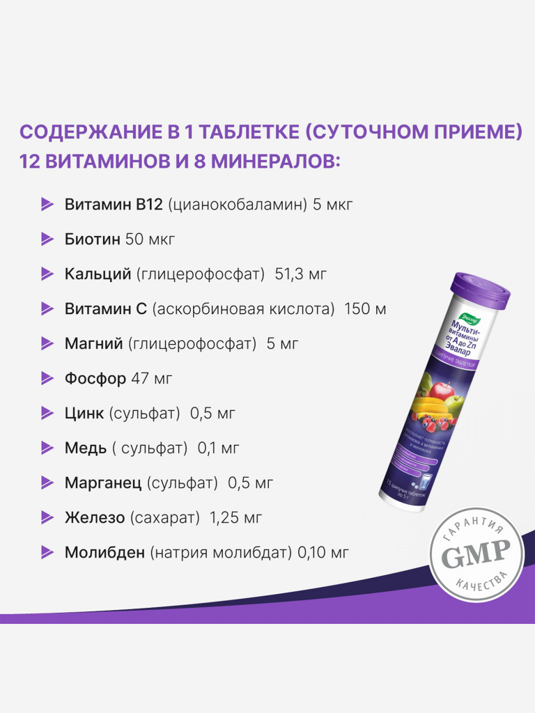 Мультивитамины от А до Zn Эвалар 15 шипучих таблеток