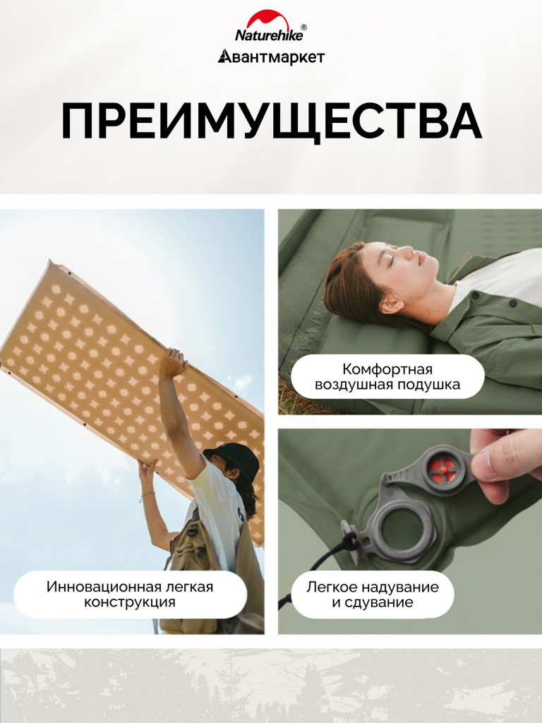 Коврик Naturehike CNK2550WS025 D Series 3см с подушкой R3.1 самонадувной туристический зеленый