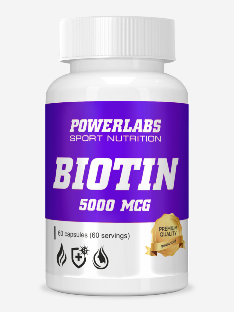Витамины для волос, Powerlabs, Биотин, 5000 мкг, 60 капсул
