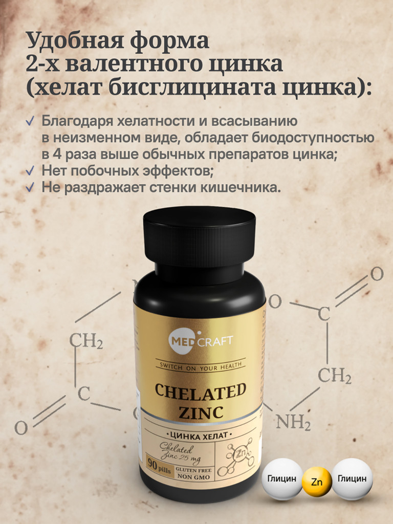 Цинк хелат MedCraft, 25 мг, 90 табл.