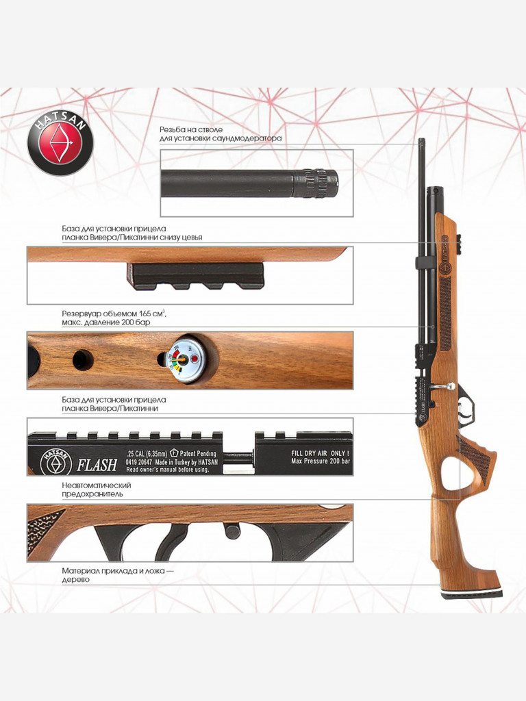 Винтовка пневматическая Hatsan FLASH W, cal. 6.35, 3 Дж (РСР, дерево)  Коричневый цвет — купить за 45790 руб. со скидкой 9 %, отзывы в  интернет-магазине Спортмастер