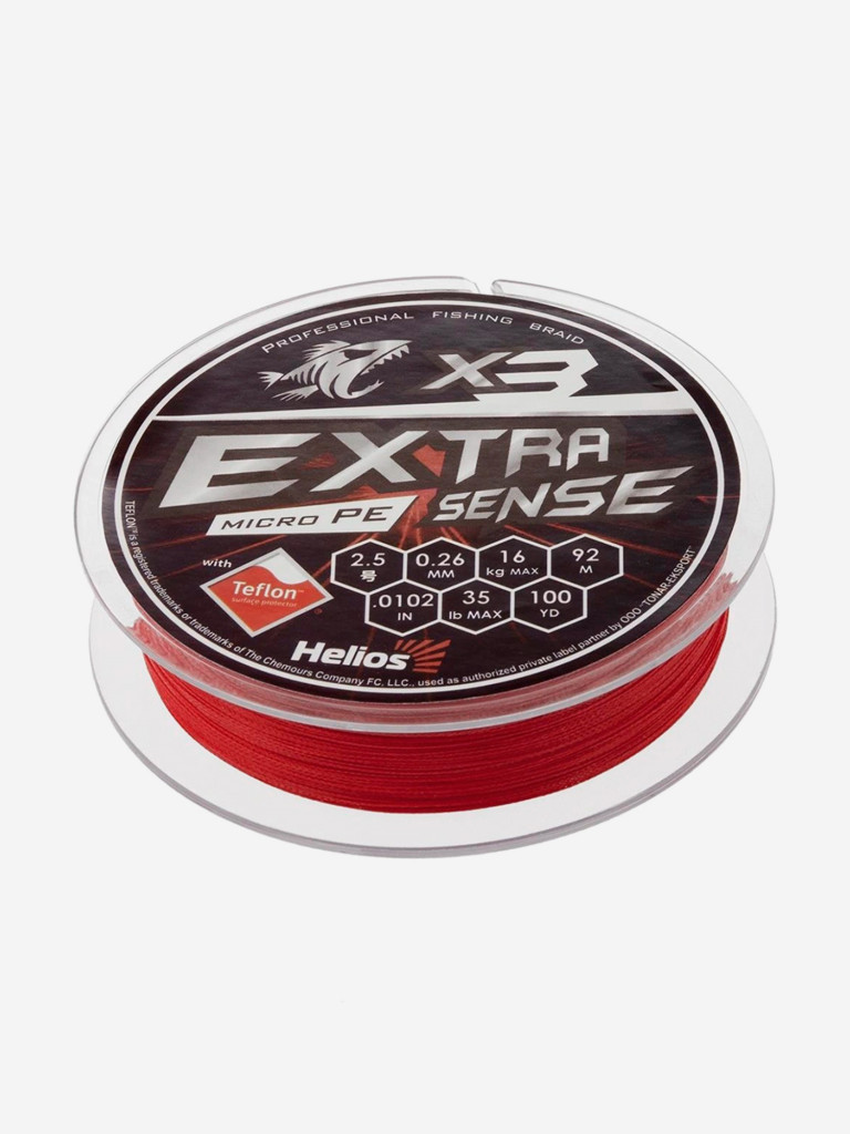 Шнур плетеный для рыбалки Helios Extrasense X3 PE, 92м, 0,26мм, 16кг, красный