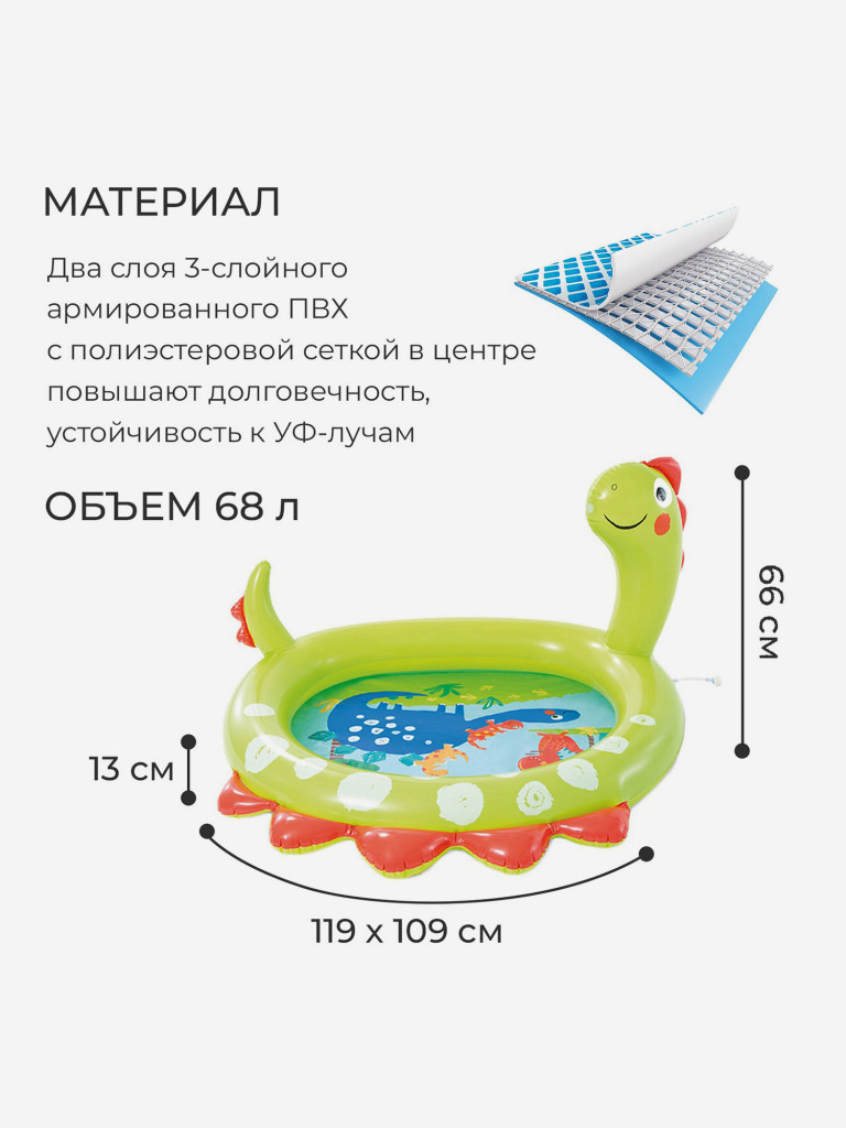 Бассейн надувной Intex, 119х109х66 см, Динозавр, 58437NP, 68 л, от 2 лет, с  распылителем Мультицвет цвет — купить за 1388 руб., отзывы в  интернет-магазине Спортмастер