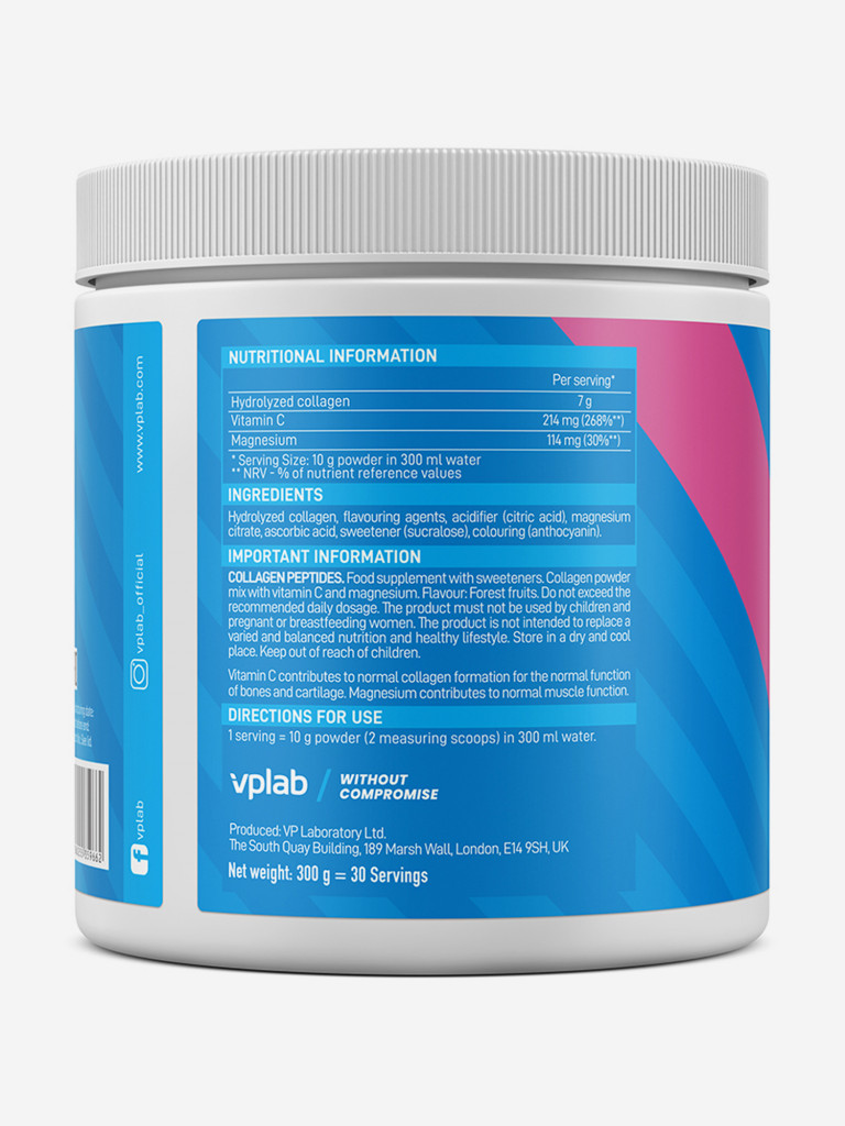 Коллаген пептиды VPLAB Collagen Peptides для красоты, гидролизованный коллаген, магний и витамин C, порошок, 300 г, лесные ягоды
