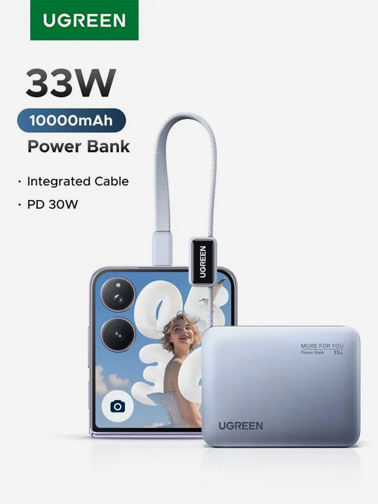 Внешний аккумулятор UGREEN PB584 (75173B) Fast Charging 5000mAh USB-C 33W со встроенным кабелем USB-C Power Bank