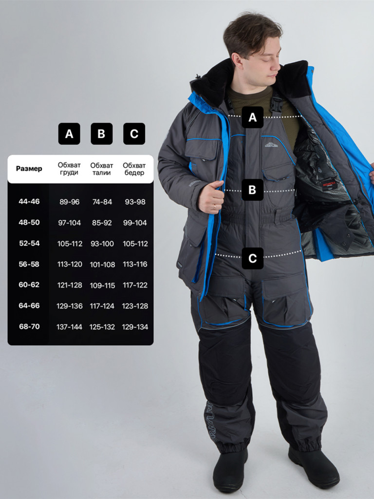 Костюм зимний мужской для рыбалки Камчатка Магма -45, графит/синий