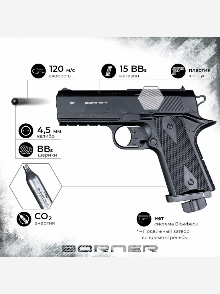 Пневматический пистолет BORNER WC 401, кал. 4,5 мм Черный цвет — купить за  4290 руб. со скидкой 28 %, отзывы в интернет-магазине Спортмастер