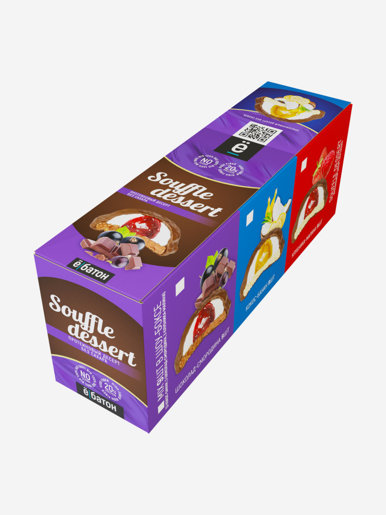 Протеиновое печенье Е-батон Souffle dessert без сахара, набор ассорти: тропический кокос-банан, двойной шоколад-смородина, спелая клубника-малина (в шоу-боксе 9шт по 50г )