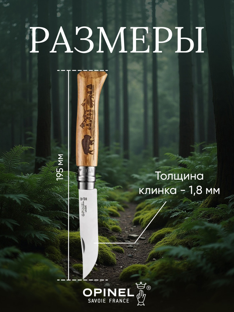 Нож Opinel №8 Animalia, нержавеющая сталь, рукоять дуб, гравировка бизон