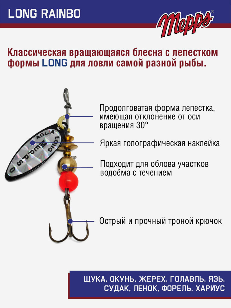 Блесна вращающаяся для рыбалки Mepps LONG RAINBO на щуку, окуня