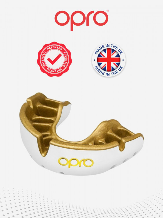 Боксерская капа взрослая, спортивная, защитная для зубов OPRO Self-Fit Gold - White/Gold