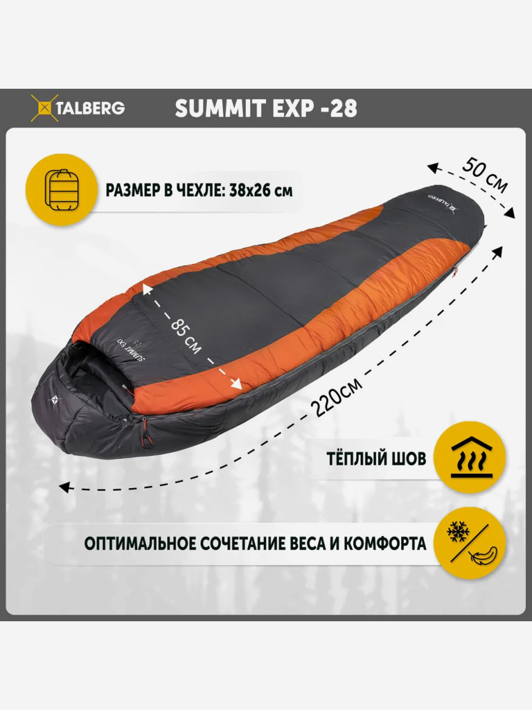 Спальный мешок Talberg SUMMIT EXP -28 C (серый/оранжевый правый)