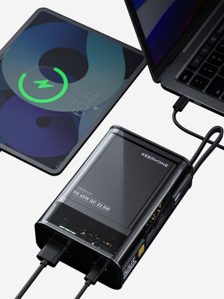 Сверхбыстрый блок питания 20000 мАч KEEPHONE Ultra Fast / Повербанк PD 65W для телефона, iPad, ноутбука, 3 выхода