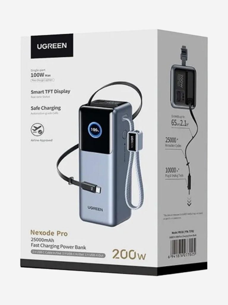 Портативный аккумулятор UGREEN PB728 (75702B) 200W Power Bank 25000mAh с двумя встроенными кабелями USB-C (ССС)