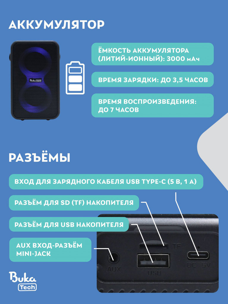 Беспроводная портативная колонка с двумя микрофонами BukaTech Nika Black, 20 Вт