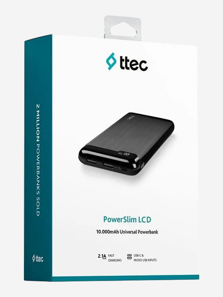 Внешний аккумулятор TTEC PowerSlim LCD 10000 mAh Powerbank with USB-C Input/Output. Цвет: черный