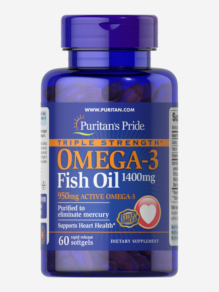 Омега 3 Puritan's Pride Triple Strength Omega 3 Fish Oil 1400 mg, 60 капсул