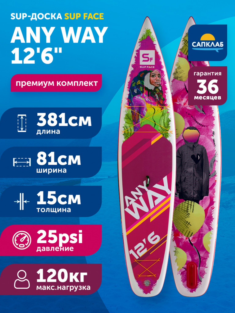 Сапборд надувной двухслойный SUP face Any Way 12.6x32x6, 381x81x15 см